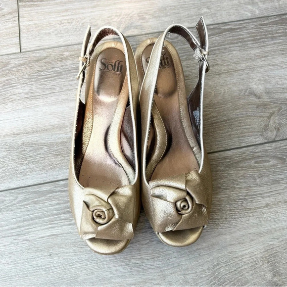 Sofft Gold Metallic Espadrilles Wedge Open Toe - Picture 3 of 16